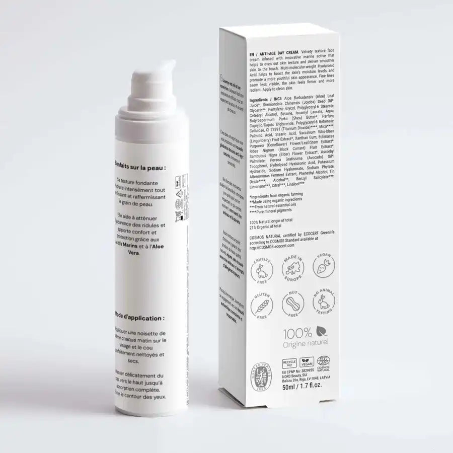 Juvenys crème lissante et hydratante dès 30 ans naturel, végan et sans cruauté envers les animaux. Aloe vera, actifs marins, acide hyaluronique.