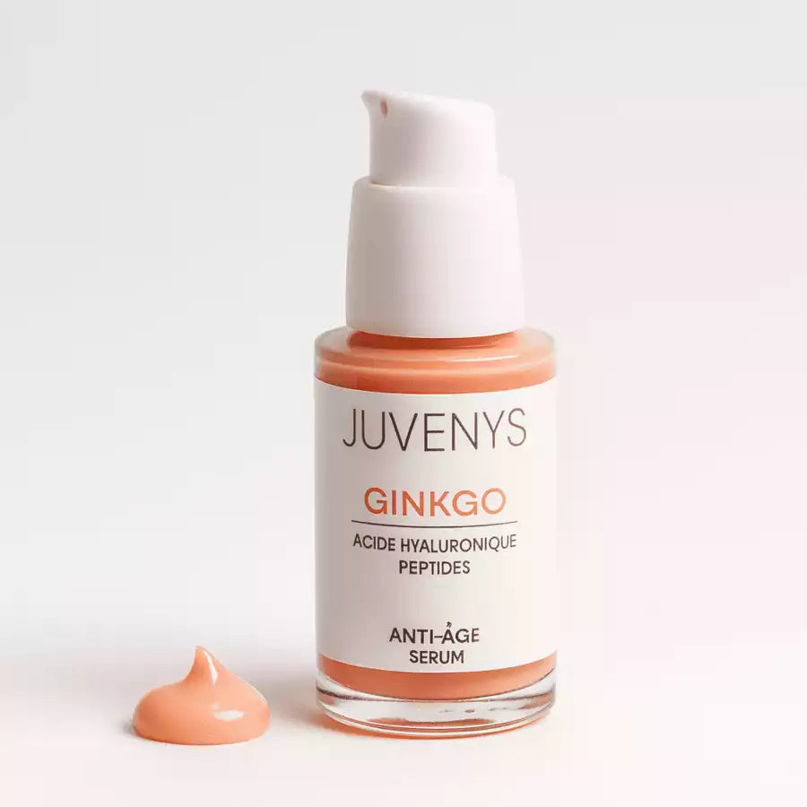 Sérum anti age éclat et fermeté by Juvenys au ginkgo et peptides. Texture et couleur du sérum