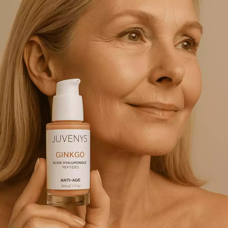 Sérum anti age éclat et fermeté by Juvenys au ginkgo et peptides. Peau ferme illustration